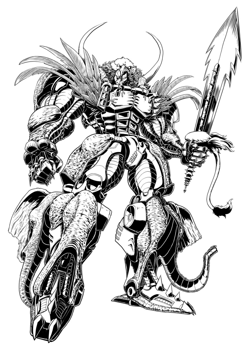 beast_wars, beast_wars_ii, clenched_hand, greyscale, head_tilt, highres, holding, holding_sword