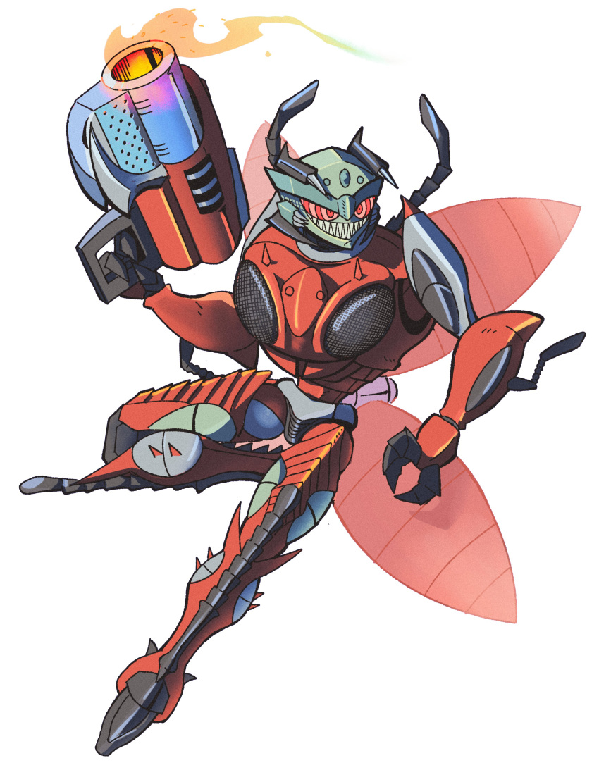 1boy, absurdres, antennae, beast_wars, beast_wars:_transformers, chibi, fire, gun, highres, holding, holding_gun, holding_weapon, inferno_(beast_wars), insect_wings, looking_to_the_side, mecha, no_humans, predacon, red_eyes, santaharabum, science_fiction, sharp_teeth, smile, solo, teeth, transformers, weapon, white_background, wings