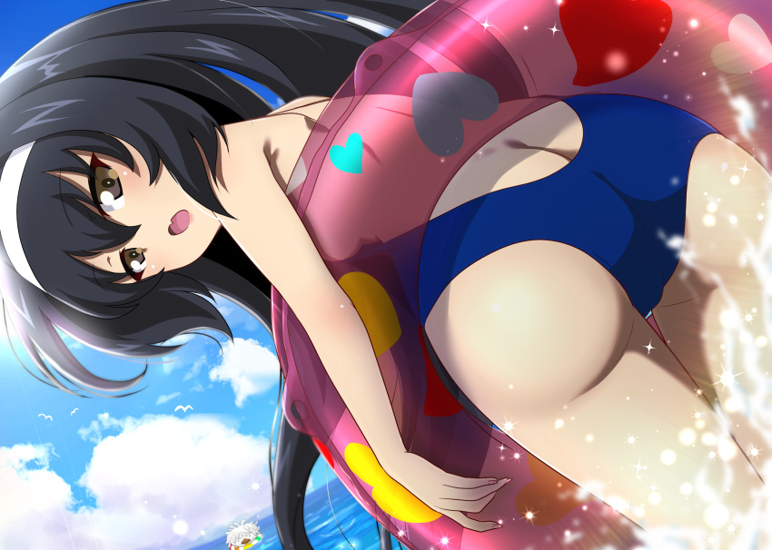 1girl, ass, bangs, black_hair, blue_sky, blue_swimsuit, brown_eyes, butt_crack