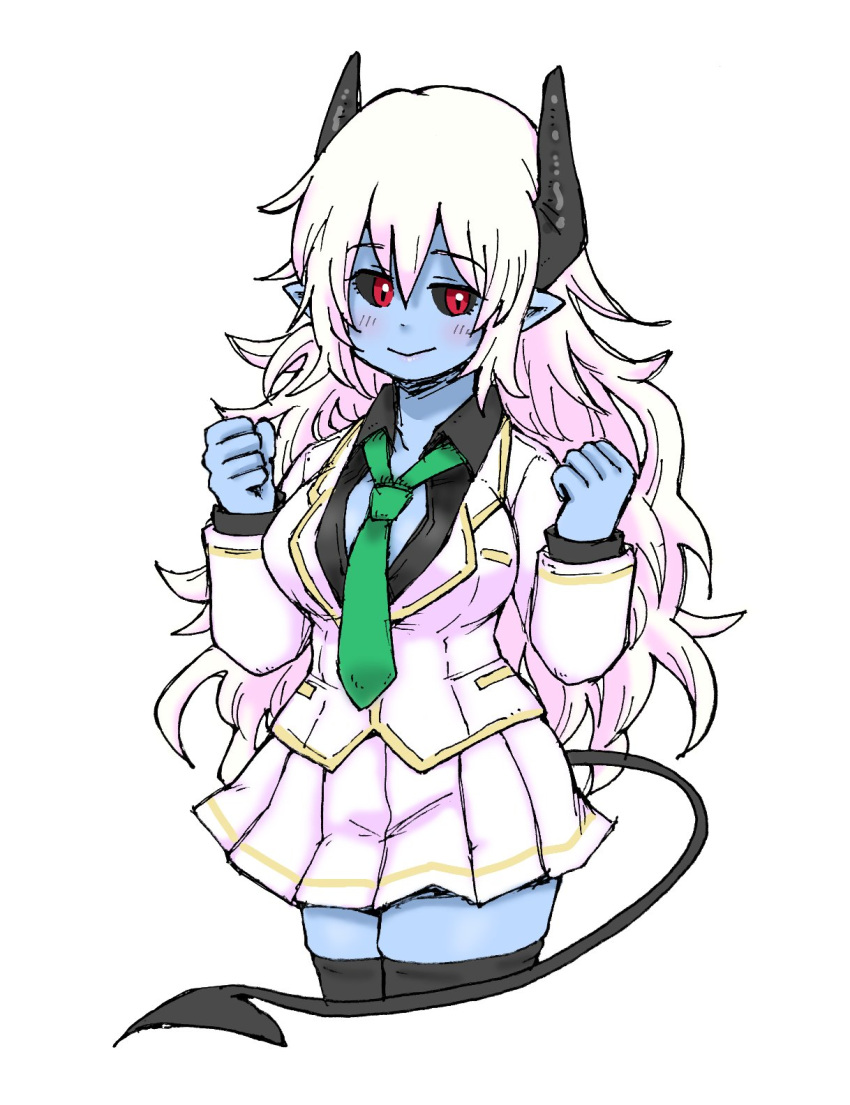 1girl, aohada_bocchi, black_horns, black_legwear, black_sclera, black_shirt, black_tail, blue_skin