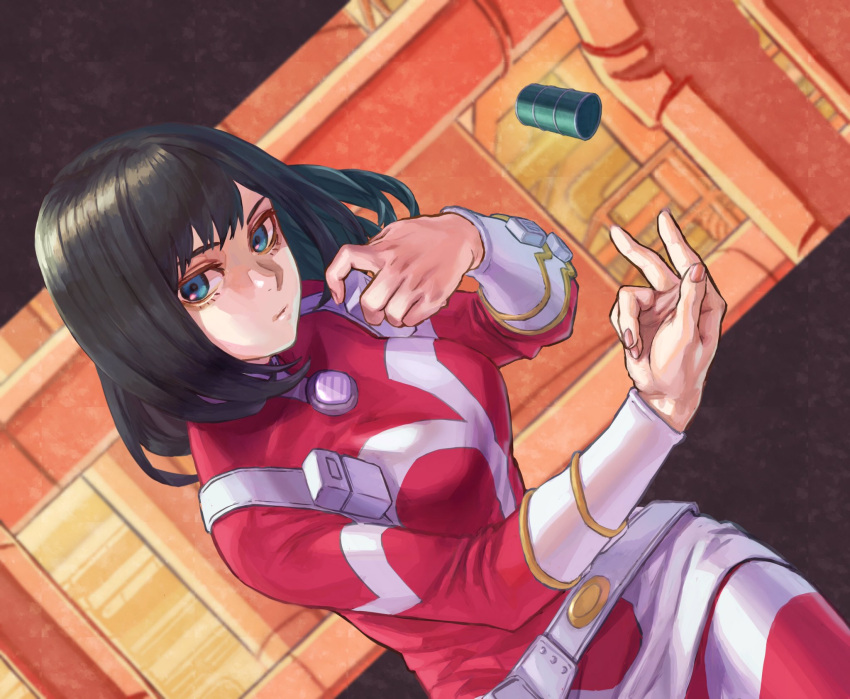 1girl, bangs, belt, black_hair, blue_eyes, boku_no_hero_academia, brown_background, drum_(container)