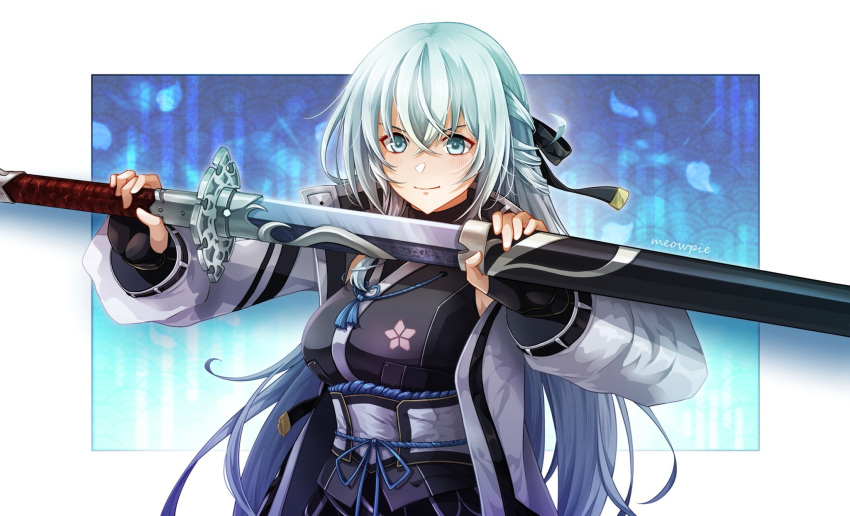 1girl, artist_name, bangs, black_gloves, black_kimono, black_ribbon, breasts, closed_mouth