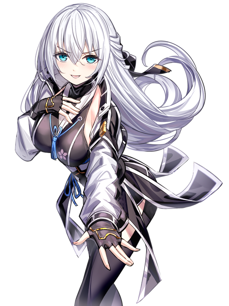 1girl, :d, bangs, black_gloves, black_pants, black_shirt, blue_eyes, blush, breasts, commentary_request, eiyuu_densetsu, eyebrows_visible_through_hair, fingerless_gloves, floating_hair, gloves, hair_between_eyes, hand_on_own_chest, hand_up, hime_(eiyuu_densetsu), kuro_no_kiseki, large_breasts, long_hair, long_sleeves, looking_at_viewer, open_mouth, pants, ririko_(zhuoyandesailaer), shirt, simple_background, smile, solo, v-shaped_eyebrows, very_long_hair, white_background, white_hair