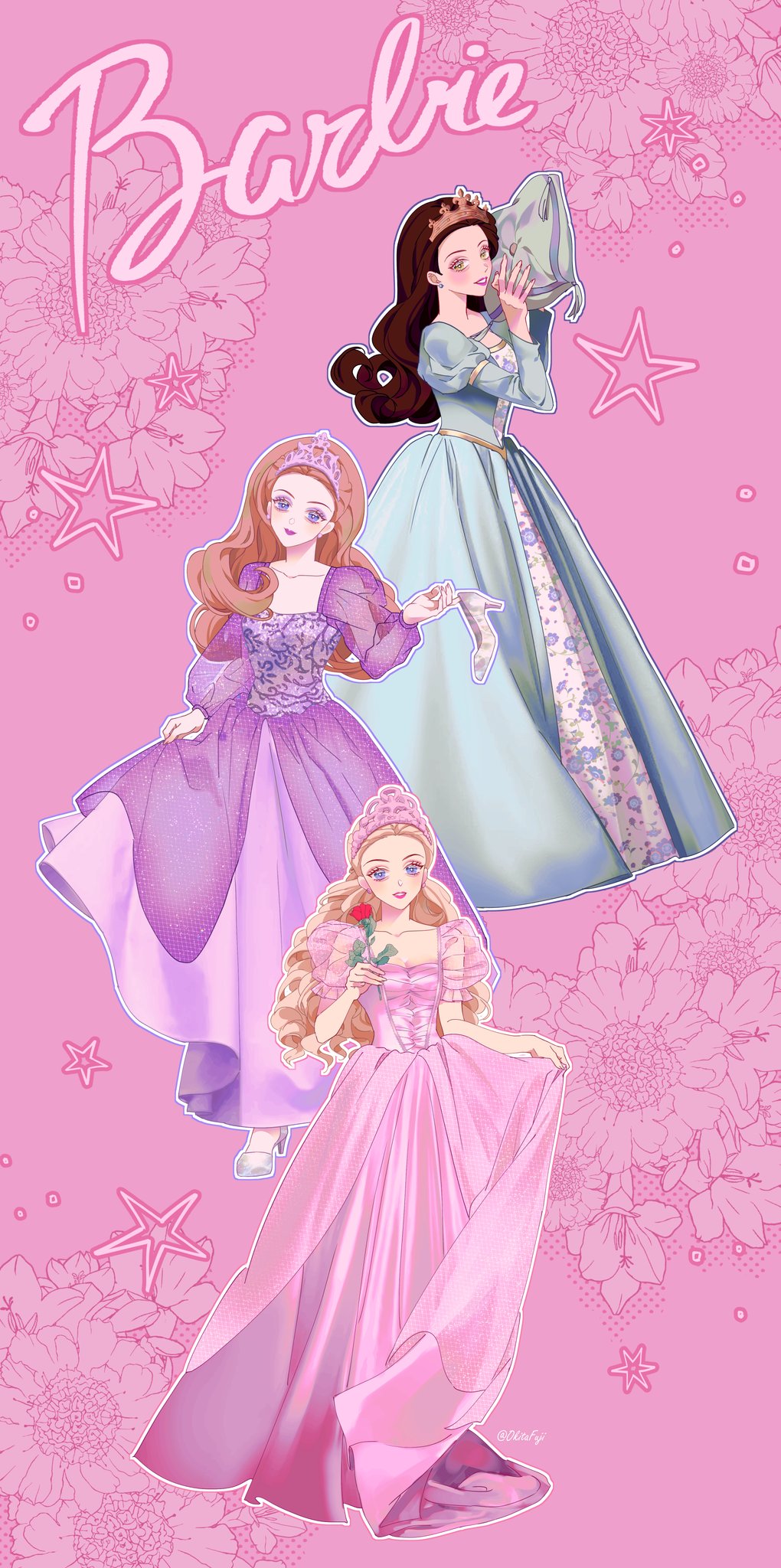 3girls, barbie_(character), barbie_(franchise), black_hair, blonde_hair, blue_eyes, caption, cinderella