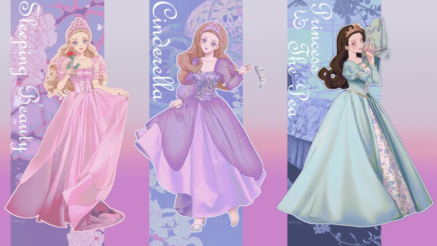 3girls, barbie_(character), barbie_(franchise), black_hair, blonde_hair, blue_eyes, cinderella, cinderella_(grimm)