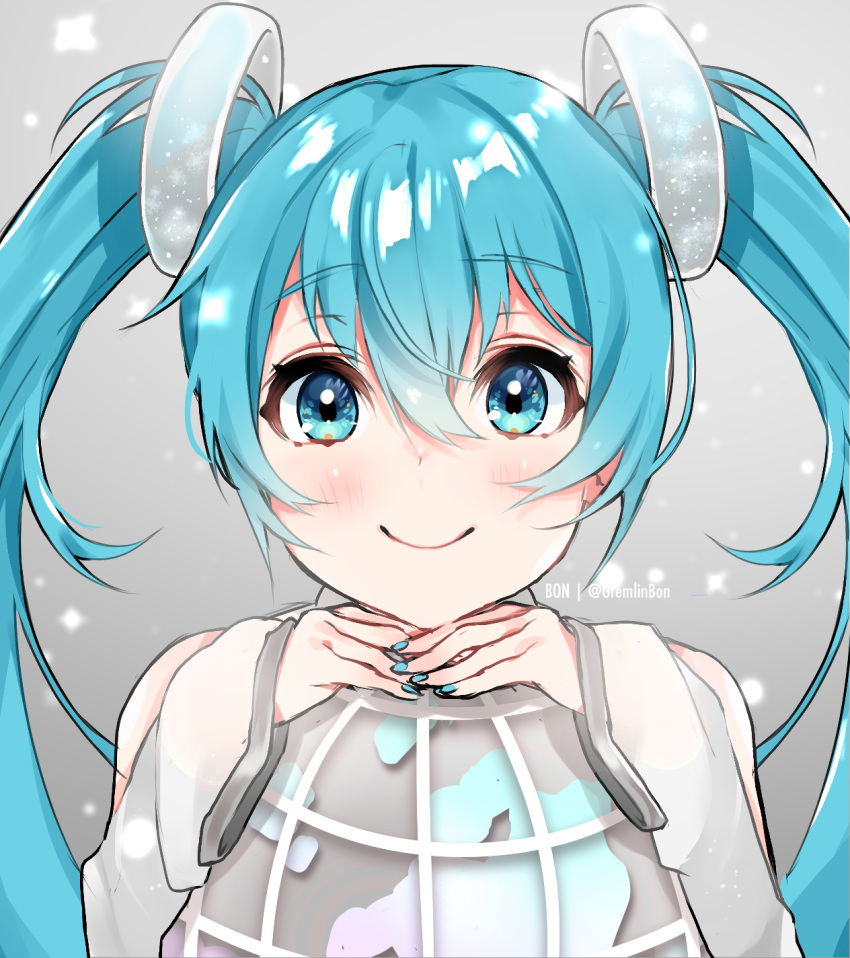 1girl, aqua_hair, aqua_nails, bare_shoulders, clip_studio_paint_(medium), commentary, detached_sleeves, english_commentary