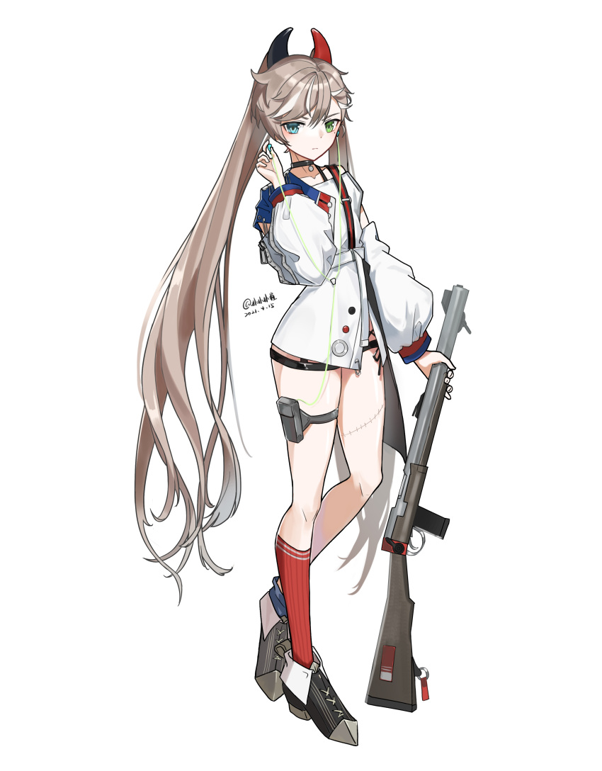 1girl, absurdres, asymmetrical_legwear, bangs, blue_eyes, blue_legwear, brown_hair, choker