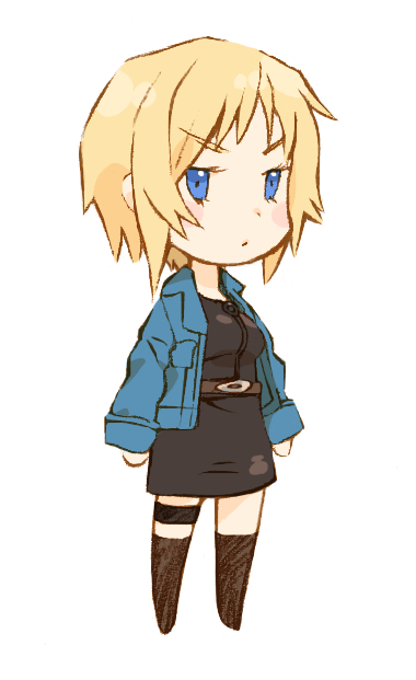 aya_brea, blonde_hair, blue_eyes, chibi, female, jacket, miniskirt, pain_(pixiv_137543)