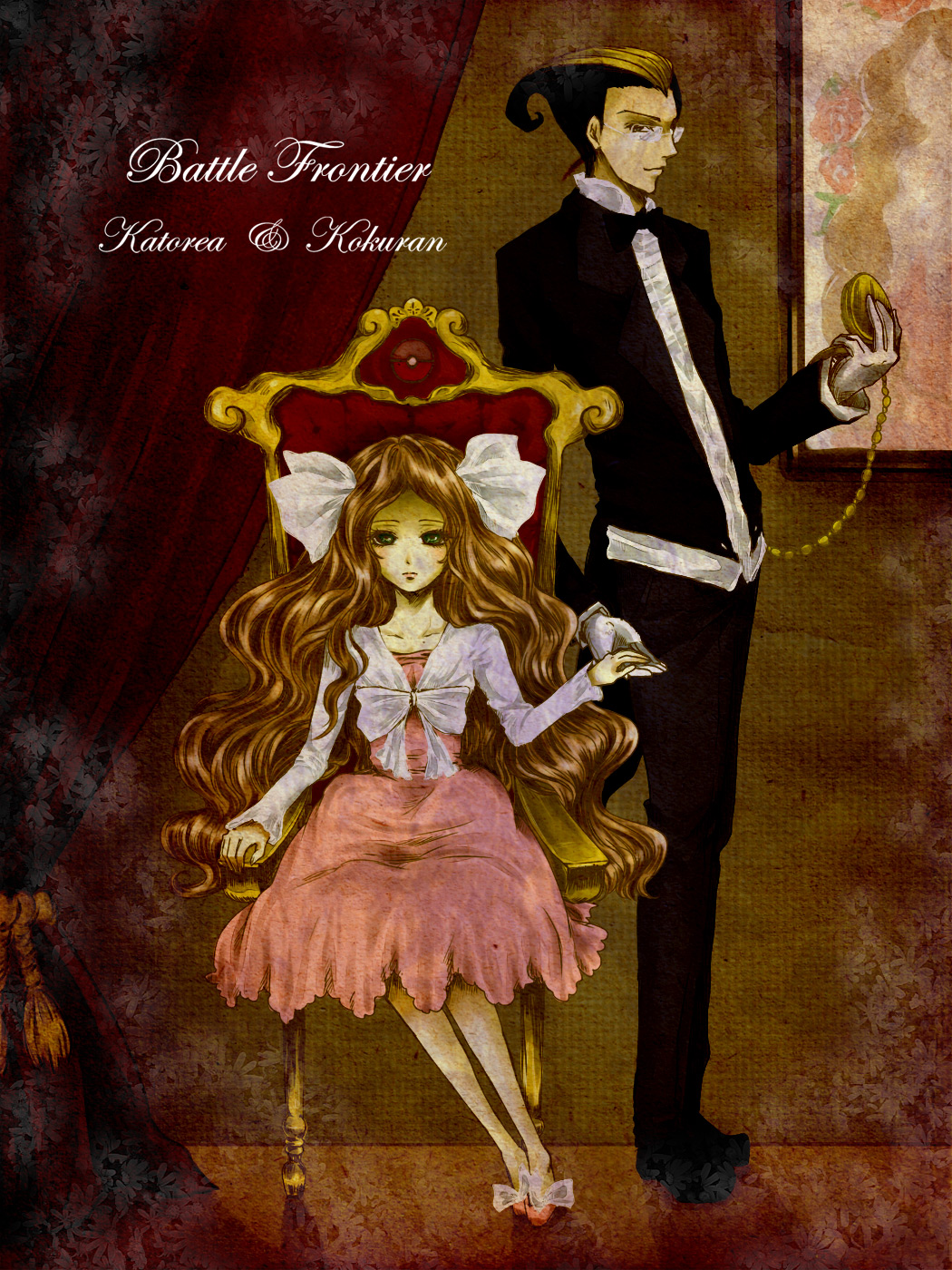 blonde_hair, bowtie, brown_hair, butler, cattleya_(pokemon), chain, chains, chair