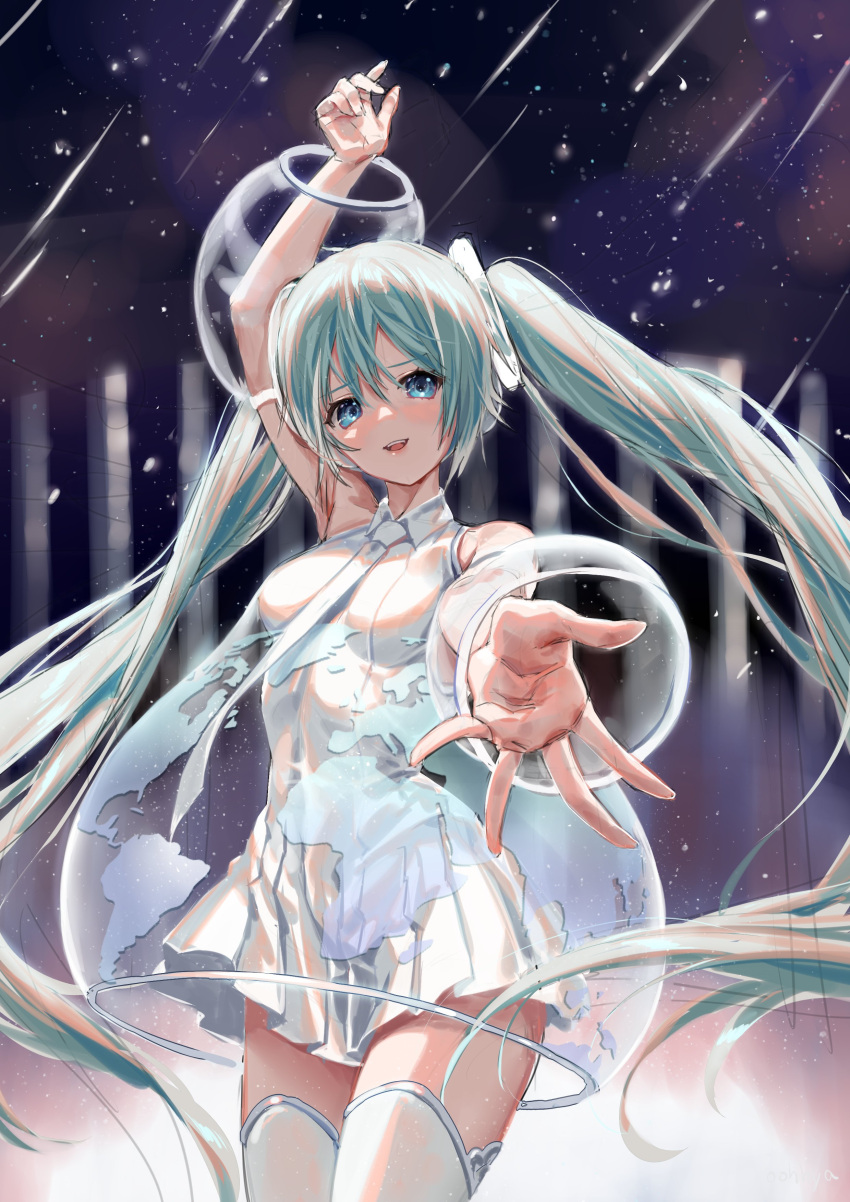 1girl, absurdres, aqua_eyes, aqua_hair, arm_up, bare_shoulders, breasts, bubble_skirt