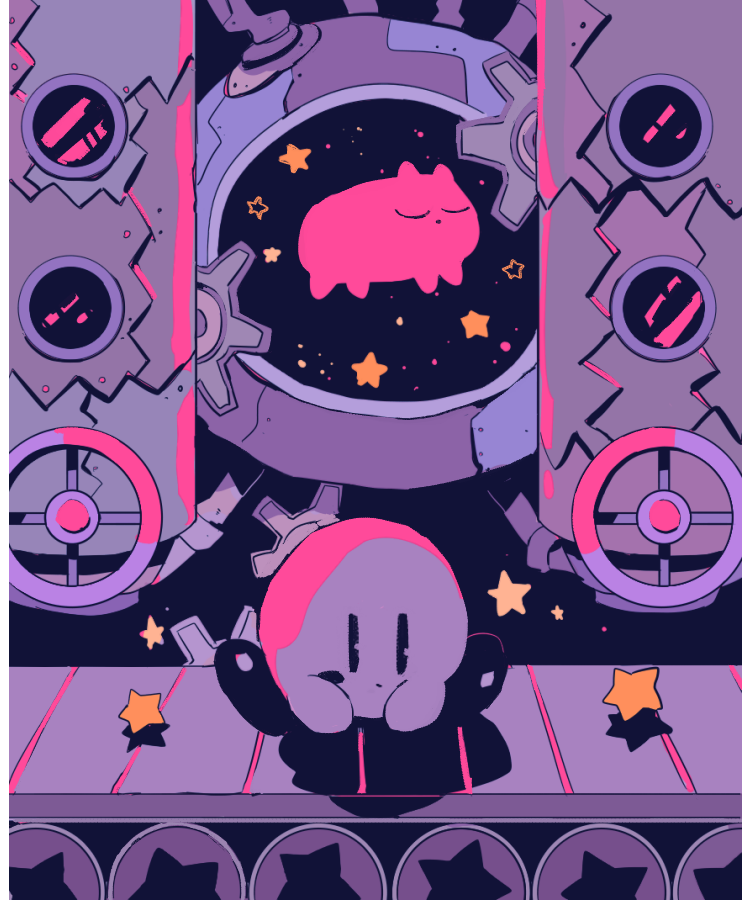 closed_eyes, closed_mouth, conveyor_belt, factory, gears, indoors, kirby, kirby_(series)