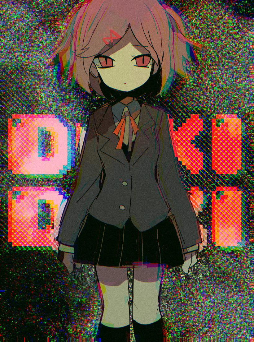 1girl, background_text, bangs, black_legwear, black_skirt, closed_mouth, doki_doki_literature_club, eyebrows_visible_through_hair