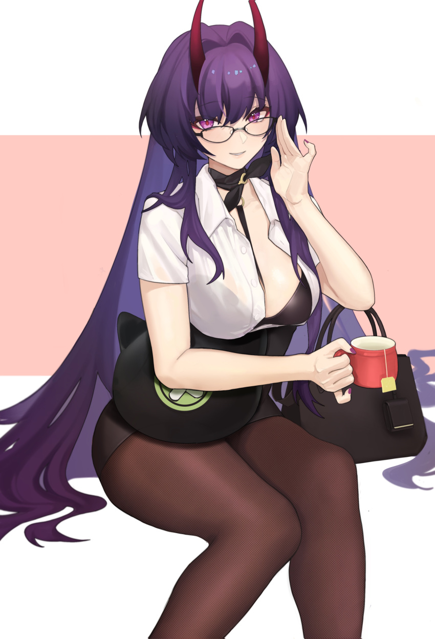 1girl, absurdres, black_bra, black_legwear, bra, breasts, cup, glasses, highres, holding, holding_cup, honkai_(series), honkai_impact_3rd, horns, large_breasts, long_hair, looking_at_viewer, nail_polish, office_lady, pantyhose, pencil_skirt, purple_hair, raiden_mei, raiden_mei_(herrscher_of_thunder), sitting, skirt, thighs, tutou_jiang, unbuttoned, unbuttoned_shirt, underwear, violet_eyes