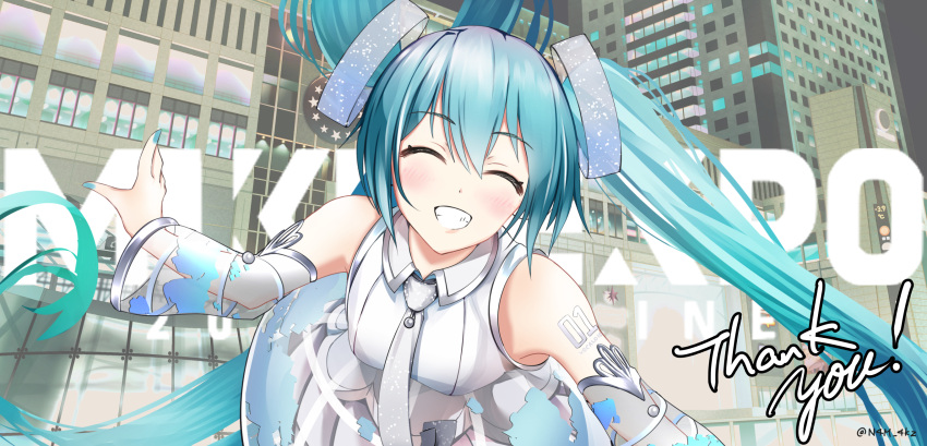 1girl, 39, absurdly_long_hair, aqua_hair, aqua_nails, bare_shoulders, bent_over, building