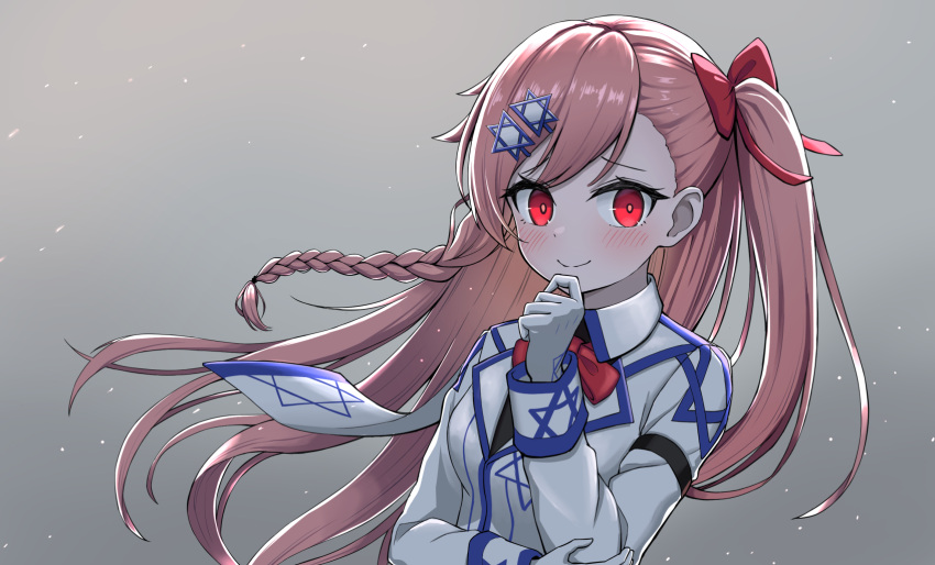 1girl, blush, bow, braid, commentary_request, commission, girls_frontline, gloves, hair_bow, hair_ornament, hairclip, hand_on_own_chin, hexagram, highres, kawara_pigeon, long_hair, long_sleeves, looking_at_viewer, negev_(girls_frontline), one_side_up, pink_hair, red_bow, red_eyes, red_neckwear, skeb_commission, smile, solo, star_of_david, upper_body