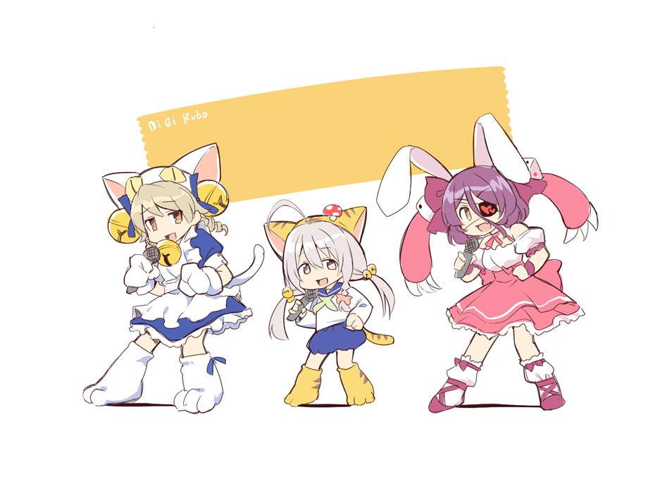 3girls, ahoge, animal_ears, animal_hat, apron, bare_shoulders, bell, blue_dress