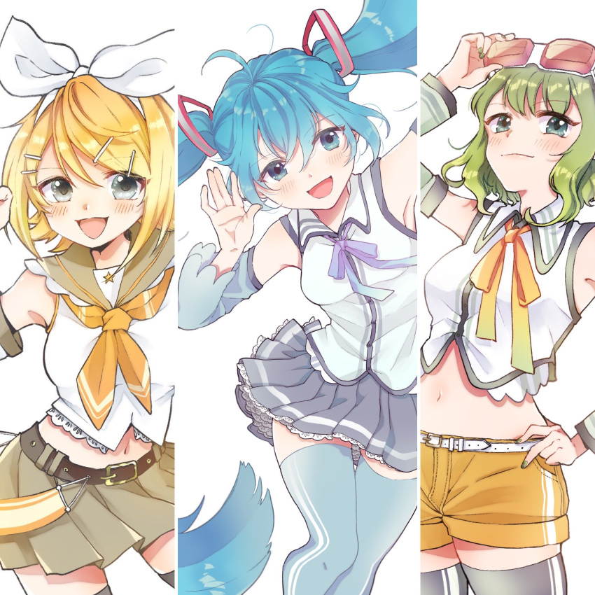 3girls, adjusting_goggles, aqua_eyes, aqua_hair, armpits, bangs, bare_shoulders, belt