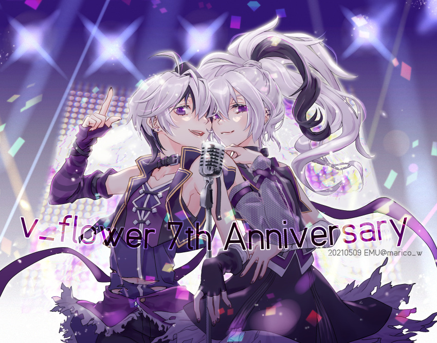 2girls, androgynous, anniversary, arm_warmers, bandaged_arm, bandages, bare_shoulders, belt_collar