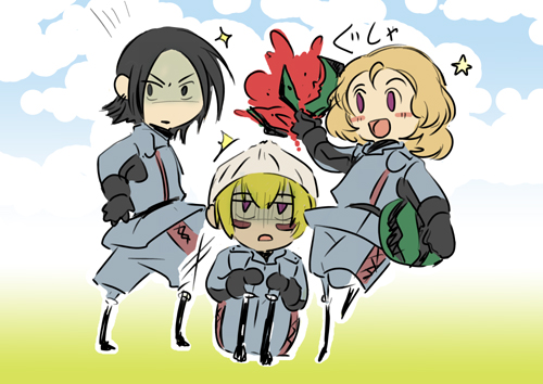 3girls, audrey_heitinga, black_eyes, black_hair, blonde_hair, blush, chibi, female, hat, jane_turner, kaeru13, military_uniform, open_mouth, senjou_no_valkyria, senjou_no_valkyria_1, short_hair, uniform, violet_eyes, watermelon, wendy_cheslock