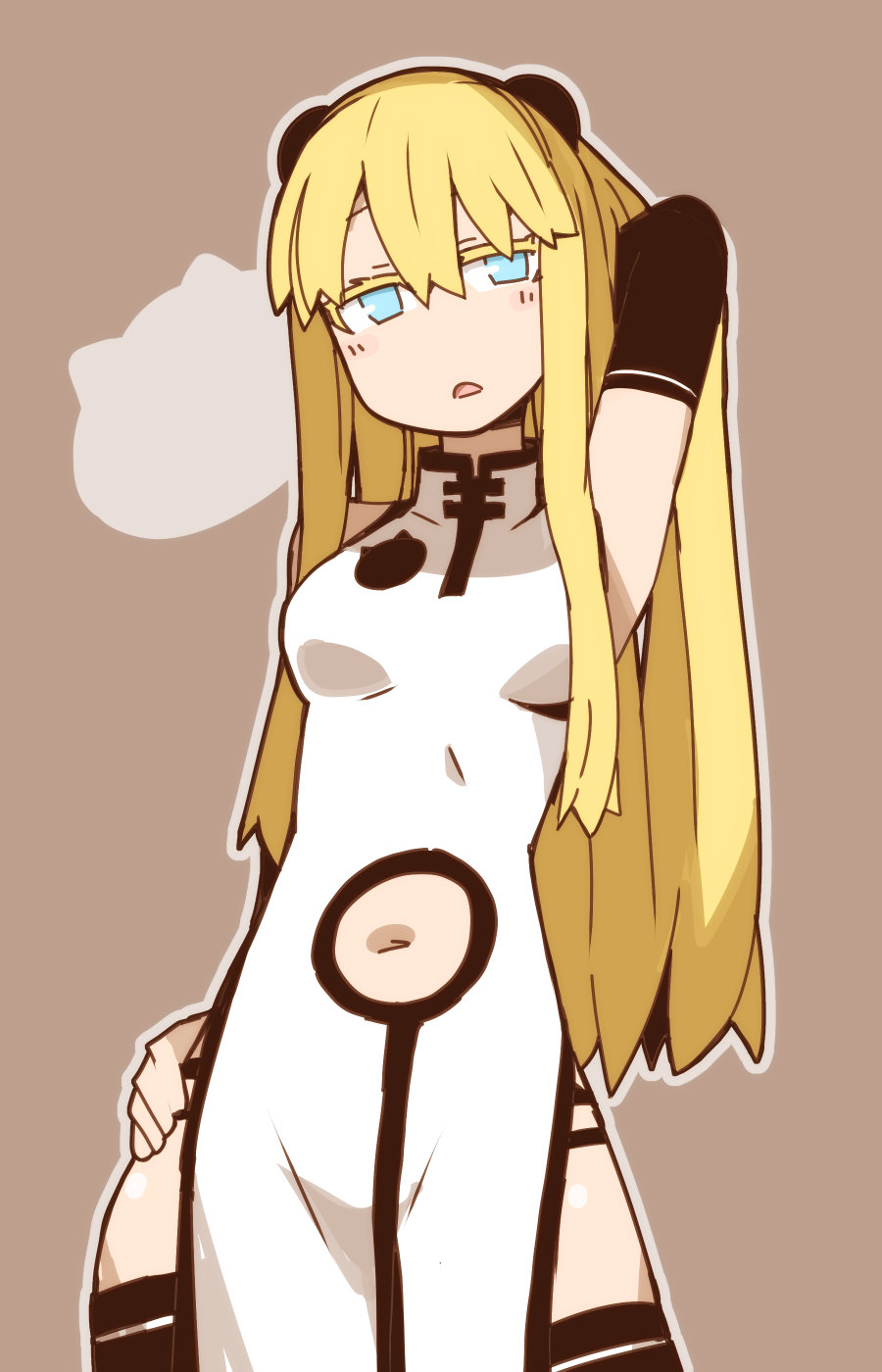 1girl, arm_behind_head, bangs, black_gloves, black_legwear, blonde_hair, blue_eyes, blush