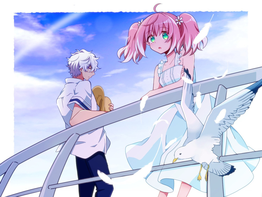 1boy, 1girl, :o, ahoge, bangs, bird, blue_pants, blue_sky