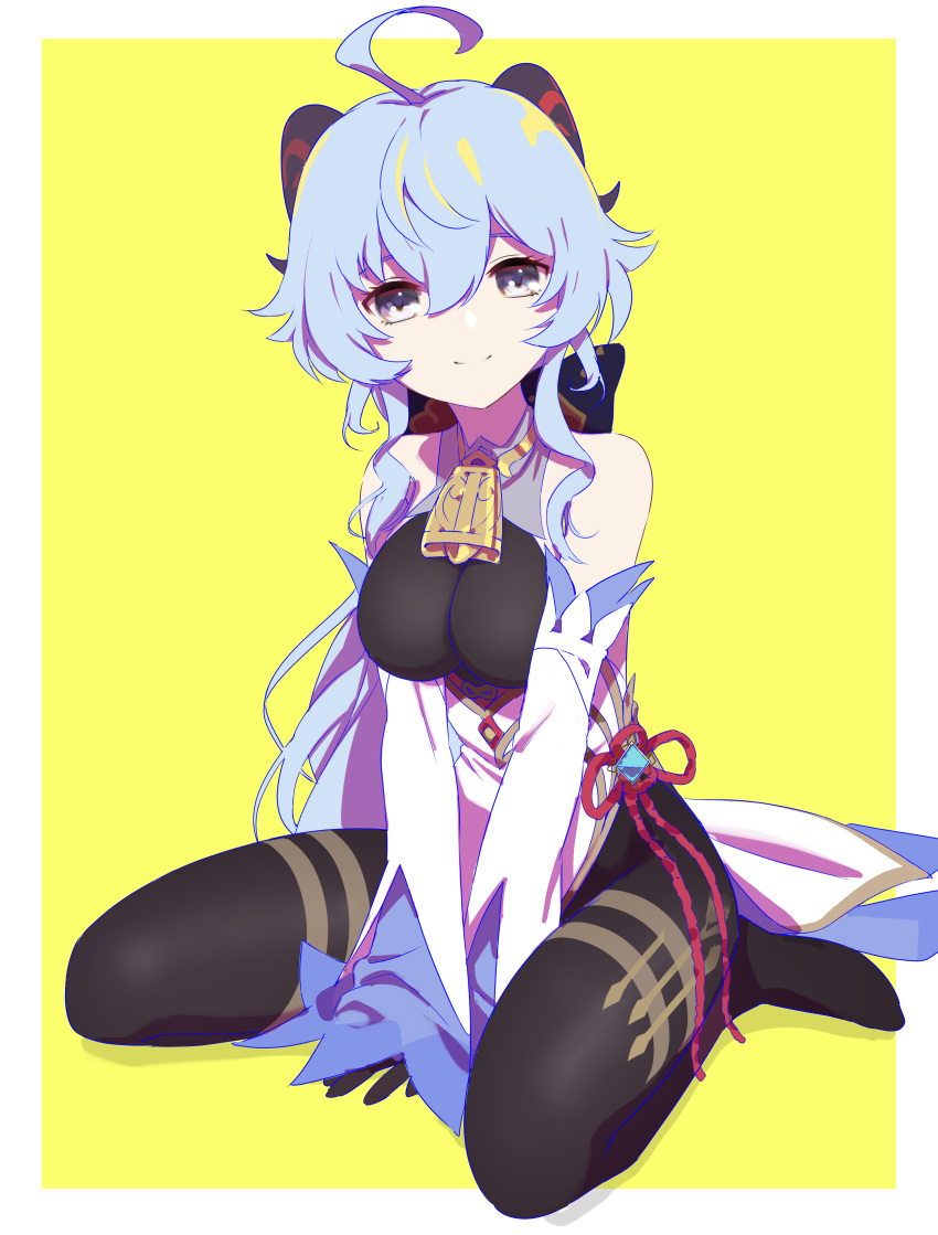 1girl, absurdres, ahoge, bare_shoulders, bell, between_legs, black_bodysuit, blue_hair