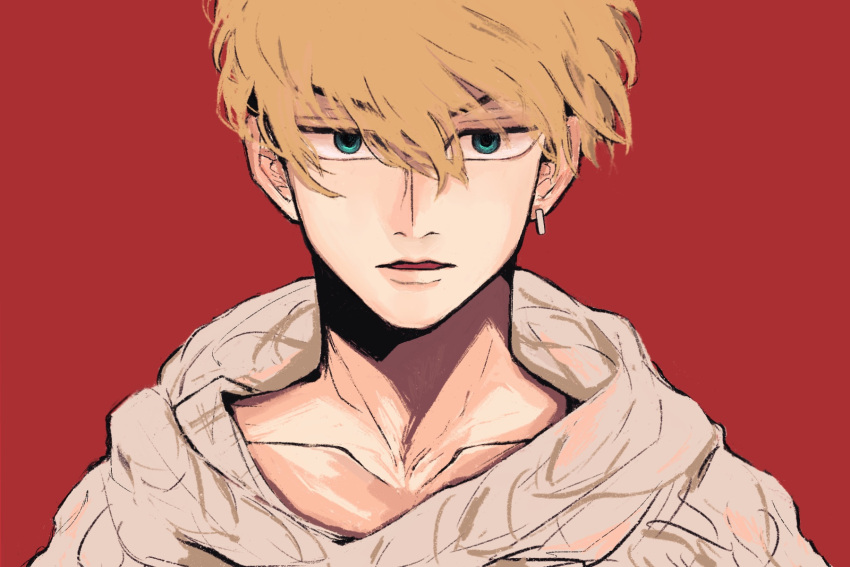 1boy, alt_9774, bangs, blonde_hair, blue_eyes, collarbone, earrings, hair_between_eyes, highres, hood, hood_down, hoodie, jewelry, male_focus, matsuno_chifuyu, parted_lips, portrait, red_background, short_hair, simple_background, single_earring, sketch, solo, tokyo_revengers, tsurime, white_hoodie