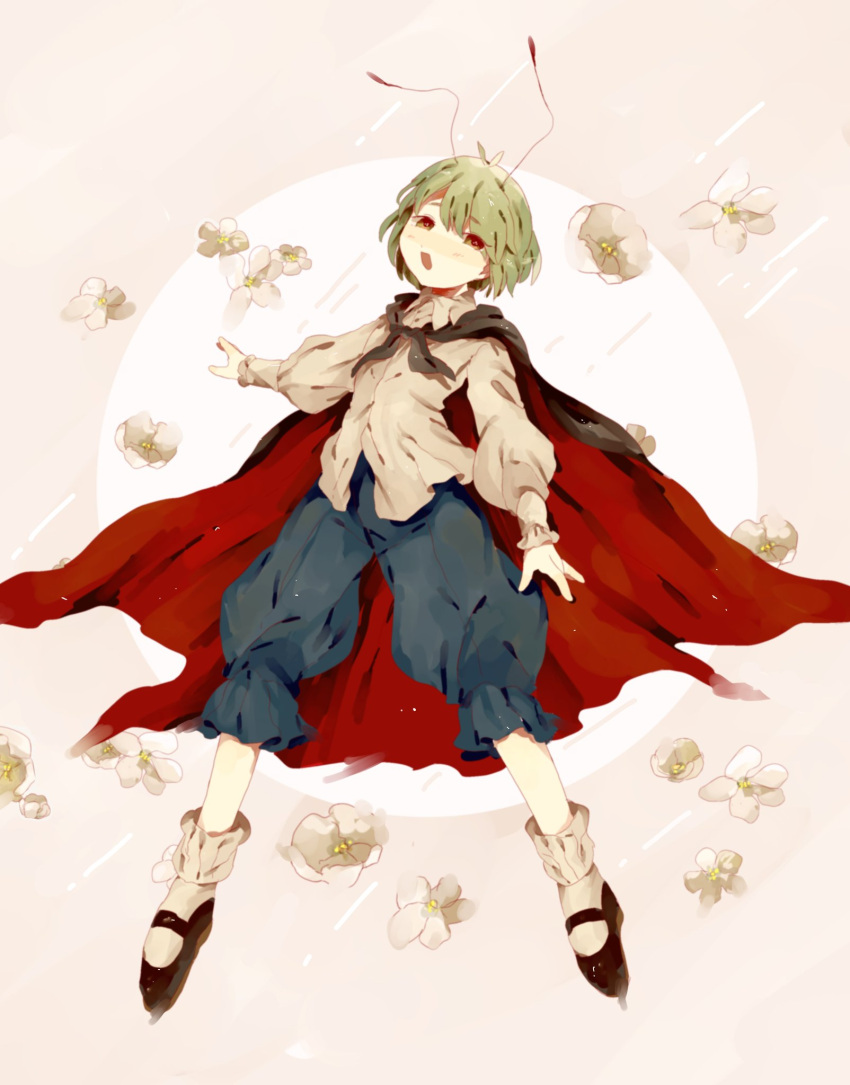 1girl, androgynous, antennae, bangs, black_cape, black_footwear, blue_shorts, cape