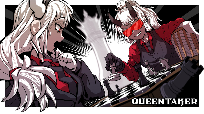 2girls, absurdres, bangs, black_gloves, black_jacket, black_neckwear, black_vest, board_game