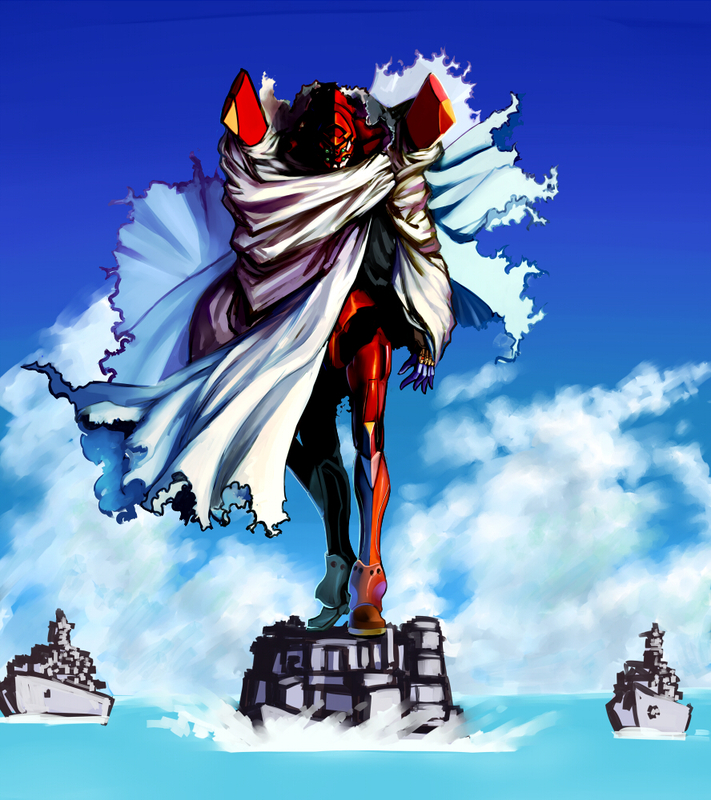 boat, cape, cloak, eva_02, kansou_samehada, mecha, neon_genesis_evangelion, ocean