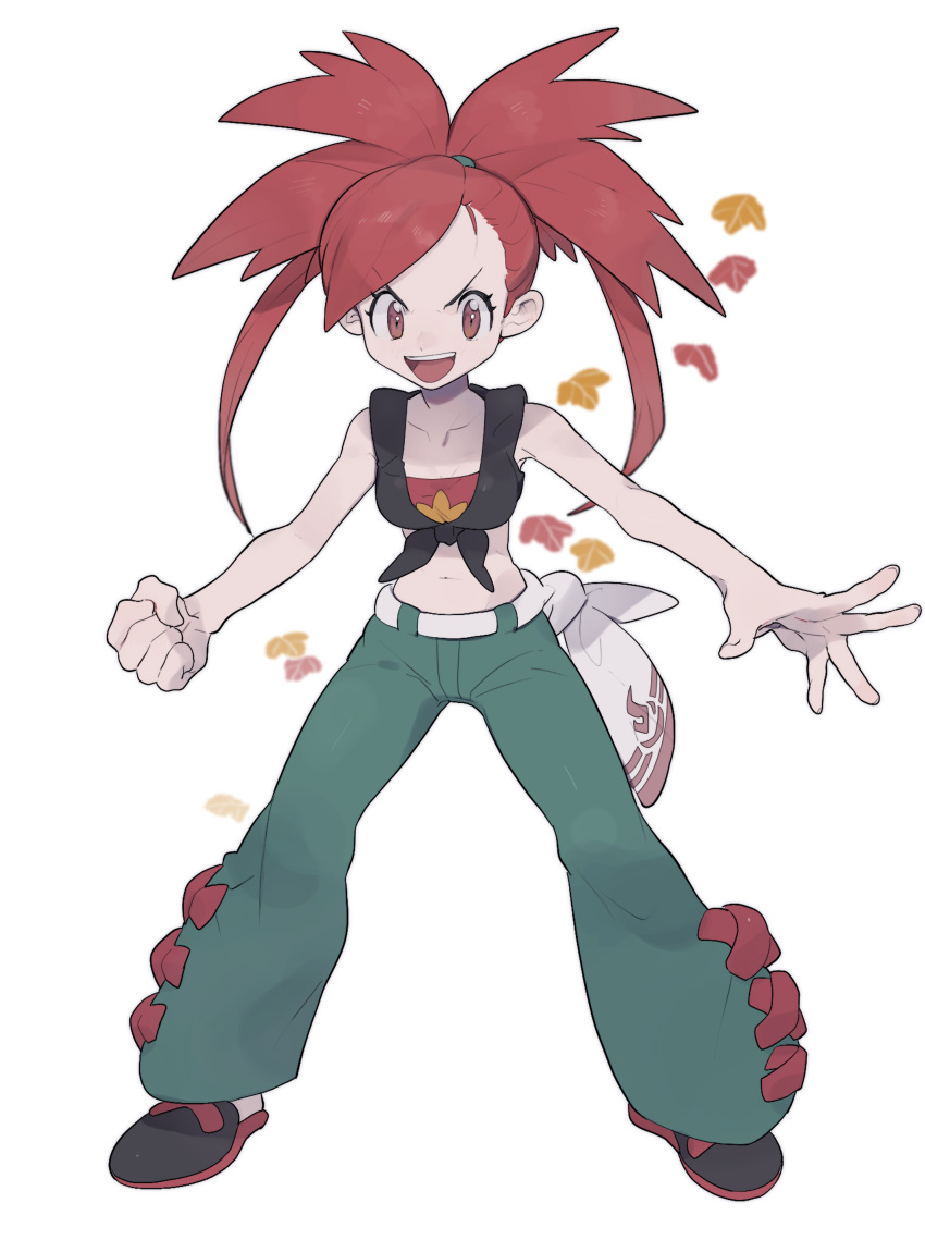 1girl, :d, absurdres, bangs, clenched_hand, collarbone, eyelashes, flannery_(pokemon), gym_leader, hair_tie, highres, leaf, legs_apart, long_hair, looking_at_viewer, midriff, mimura_(nnnnnnnnmoo), navel, open_mouth, pants, pokemon, pokemon_(game), pokemon_oras, red_eyes, redhead, shirt, shoes, simple_background, smile, solo, standing, swept_bangs, tied_hair, tied_shirt, tongue, upper_teeth, v-shaped_eyebrows, white_background
