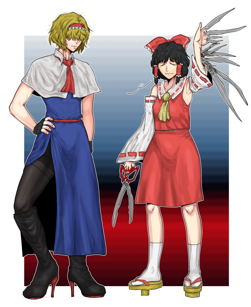 2girls, 833_(cookie), alice_margatroid, babus_(nicoseiga56306120), bangs, black_footwear, black_gloves, black_hair