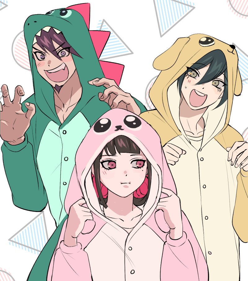 1girl, 2boys, :d, :t, alternate_costume, animal_ears, animal_hood, bangs
