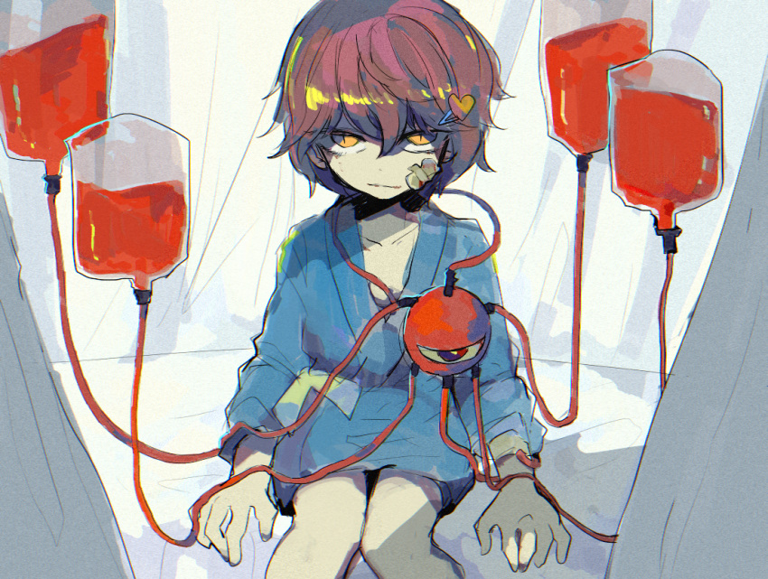 1girl, bandaid, bangs, blood, blood_bag, closed_mouth, curtains, hair_between_eyes