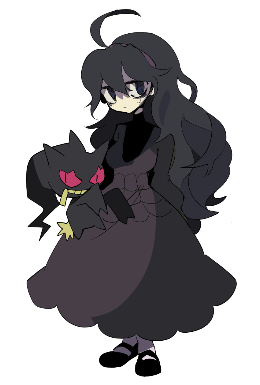 1girl, ahoge, banette, bangs, black_footwear, black_hair, blue_eyes, breasts, closed_mouth, dress, gen_3_pokemon, hair_between_eyes, hairband, hex_maniac_(pokemon), highres, long_dress, long_hair, medium_breasts, pokemon, pokemon_(creature), pokemon_(game), pokemon_xy, purple_hairband, simple_background, soumenhiyamugi, standing, sweat, very_long_hair, white_background