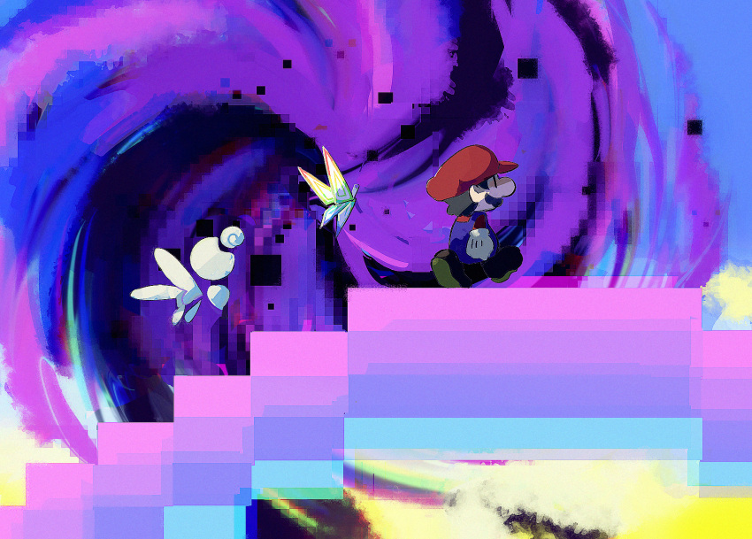 1boy, 1girl, blue_overalls, bug, butterfly, facial_hair, glitch, gloves, hat, highres, insect, luvbi, mario, super_mario_bros., multicolored, multicolored_background, mustache, overalls, paper_mario, red_headwear, soumenhiyamugi, stairs, super_paper_mario, tippi_(paper_mario), walking, white_gloves, wings