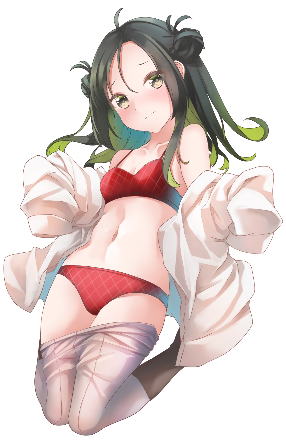 1girl, ahoge, black_hair, blush, bra, closed_mouth, clothes_pull, collarbone