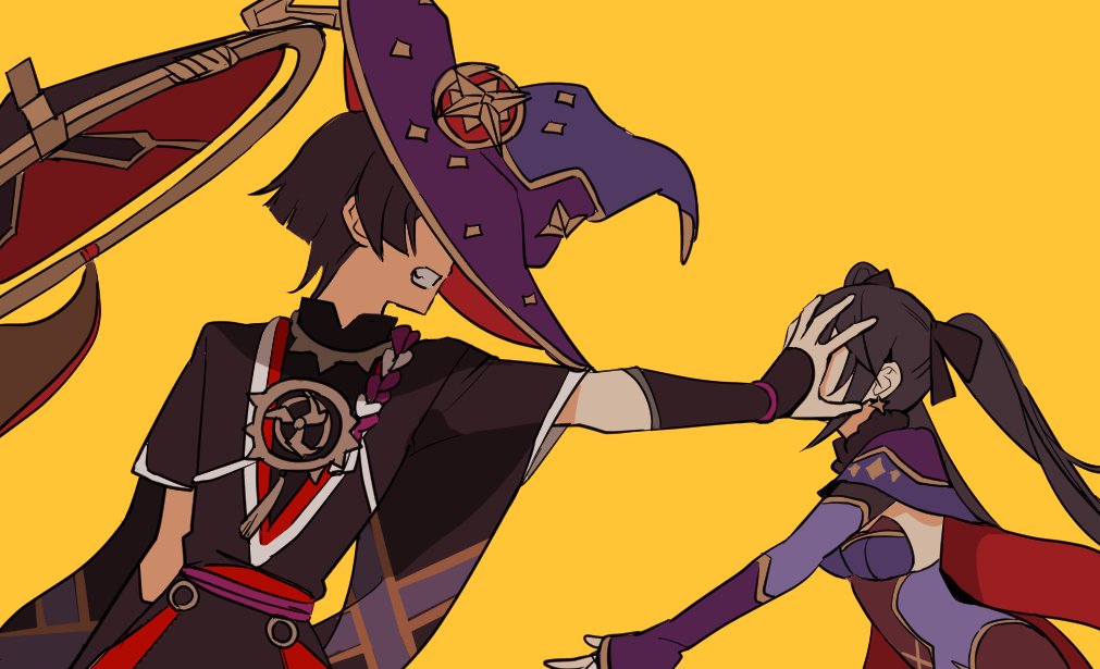 1boy, 1girl, armor, black_gloves, black_hair, cape, clenched_teeth, detached_sleeves