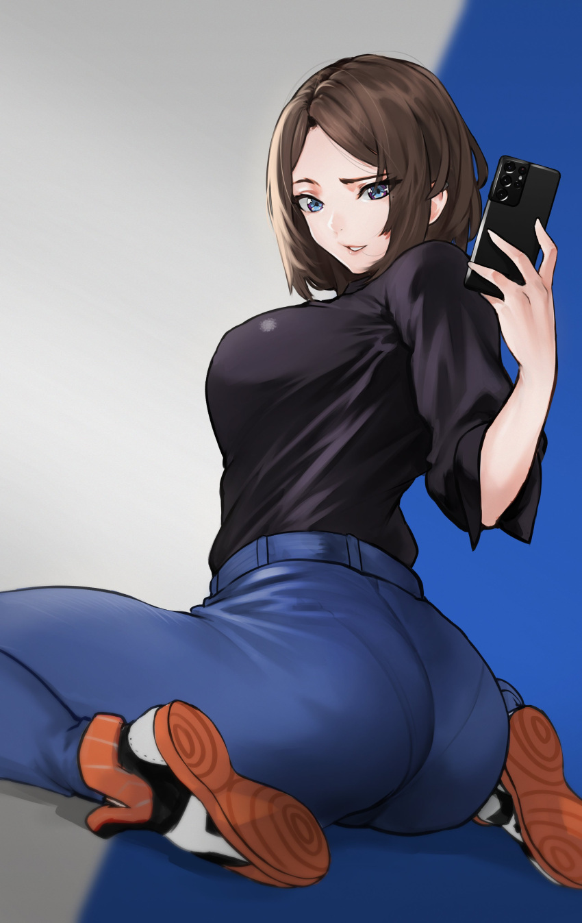 1girl, absurdres, ass, bangs, black_shirt, blue_eyes, breasts, brown_hair