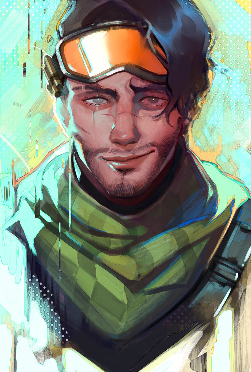 1boy, apex_legends, artificial_eye, black_hair, brown_eyes, facial_hair, glass_eye, goatee