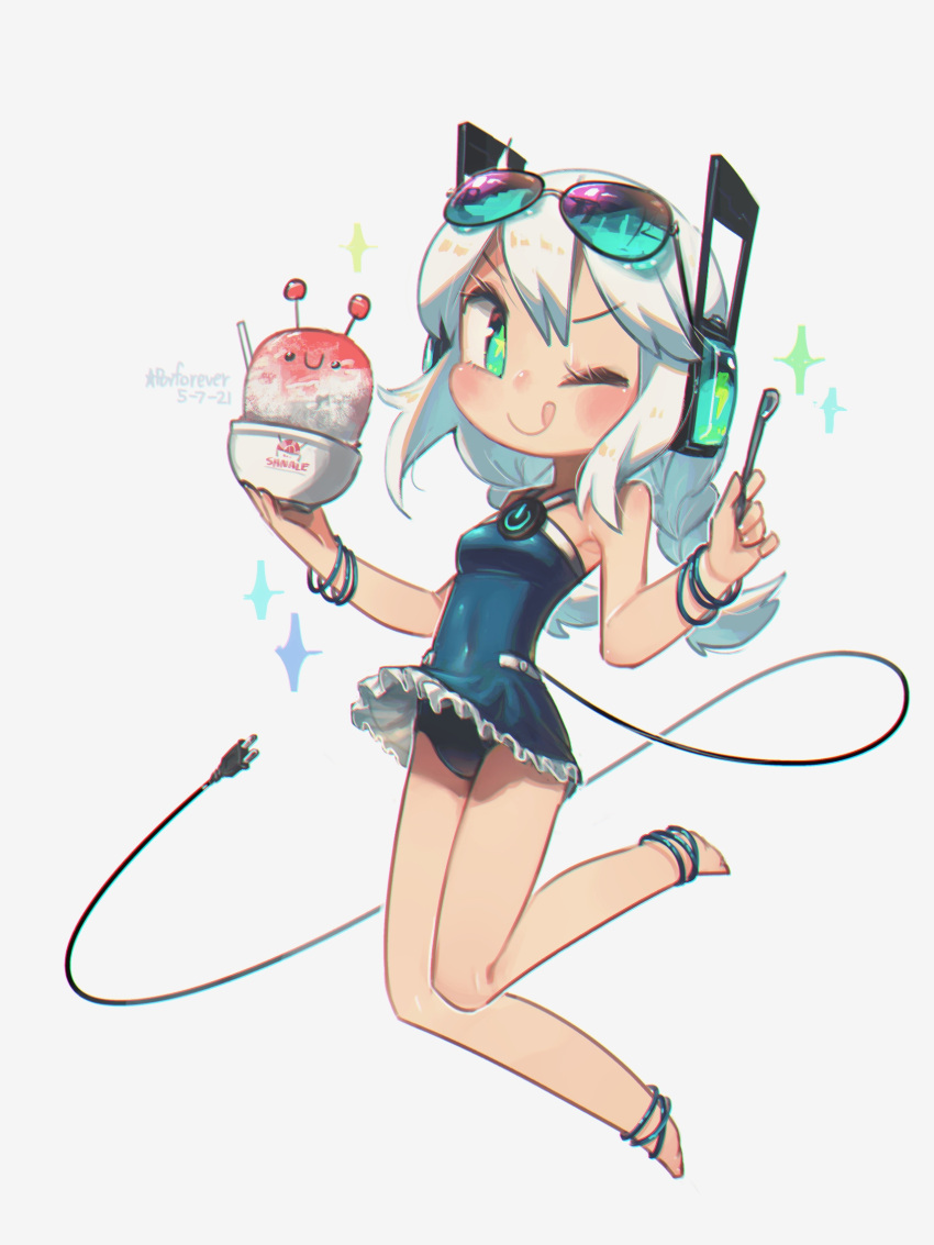 1girl, ;q, anklet, artist_name, bare_shoulders, blue_swimsuit, blush, bowl, bracelet, braid, chibi, commentary, covered_navel, dated, digitan_(porforever), english_commentary, eyewear_on_head, full_body, grey_background, headphones, highres, holding, holding_spoon, jewelry, long_hair, looking_at_viewer, one-piece_swimsuit, one_eye_closed, original, porforever, power_symbol, shaved_ice, simple_background, solo, sparkle, spoon, star-shaped_pupils, star_(symbol), sunglasses, swimsuit, symbol-shaped_pupils, tail, tongue, tongue_out, twin_braids, white_hair