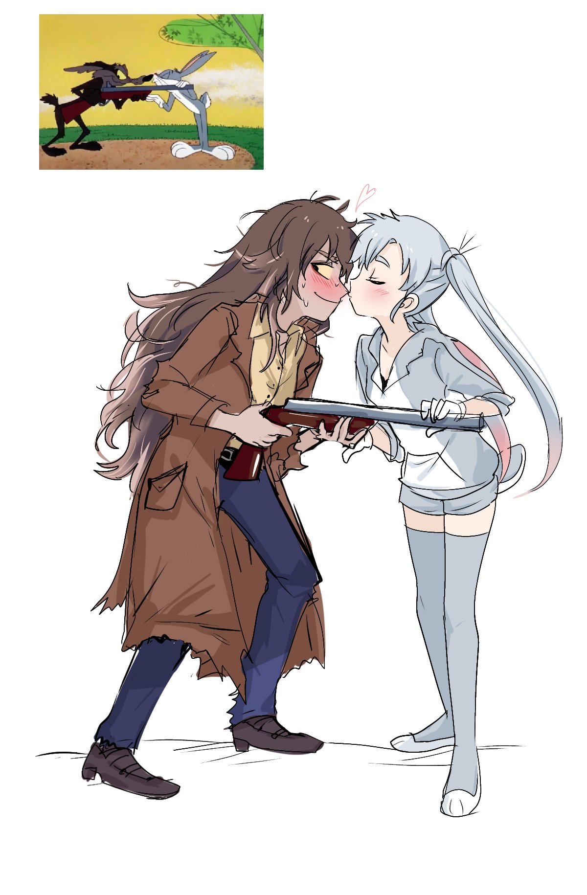 2boys, 2girls, blush, boots, brown_hair, bugs_bunny, commentary, cowboy_boots, embarrassed, genderswap, genderswap_(mtf), gloves, grey_hair, gun, highres, himuhino, holding, holding_gun, holding_weapon, humanization, kiss, looney_tunes, messy_hair, multiple_boys, multiple_girls, rabbit, shotgun, weapon, wile_e_coyote, yuri