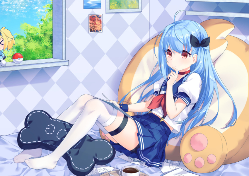 1girl, ahoge, bangs, bike_shorts, black_ribbon, black_shorts, blue_hair, blue_sailor_collar