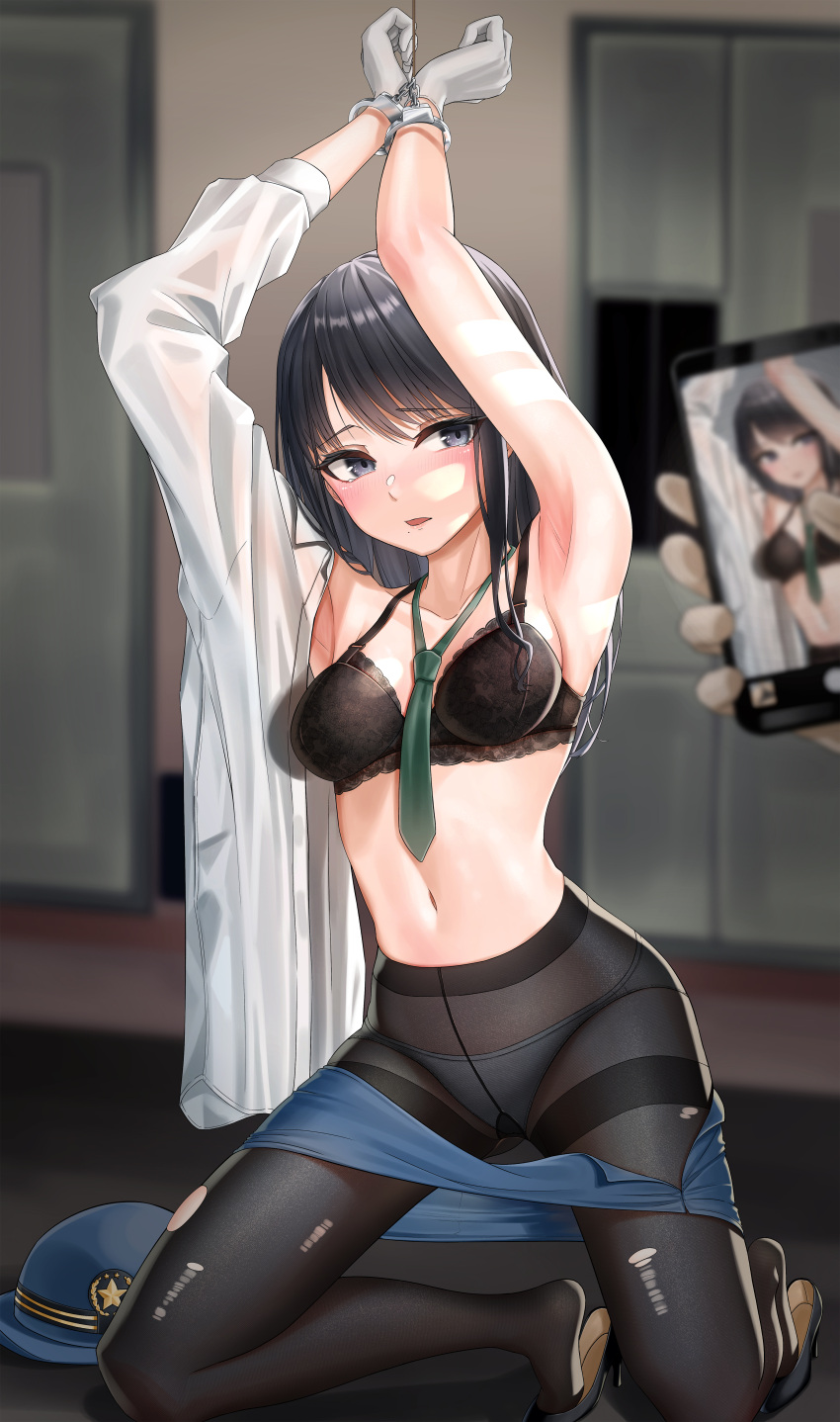 1boy, 1girl, absurdres, black_bra, black_hair, black_legwear, blue_eyes, blurry