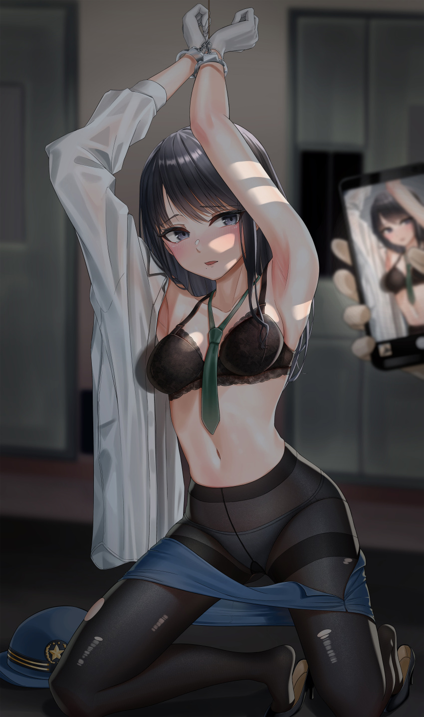 1boy, 1girl, absurdres, black_bra, black_hair, black_legwear, blue_eyes, blurry