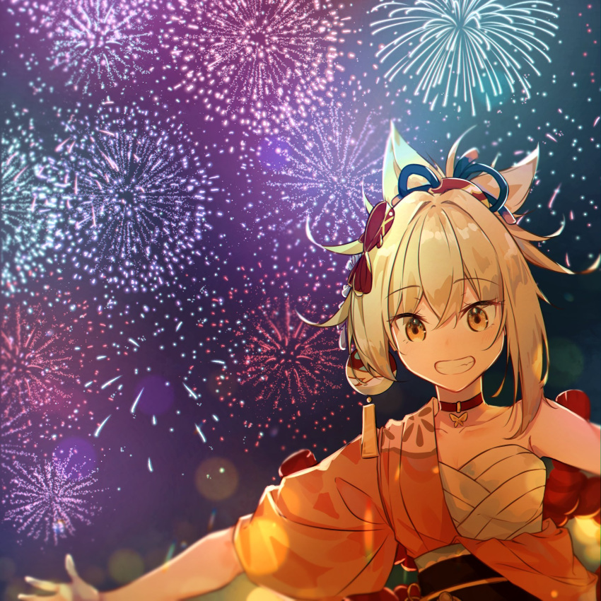 1girl, bandages, bare_shoulders, blonde_hair, choker, fireworks, genshin_impact, hair_ornament
