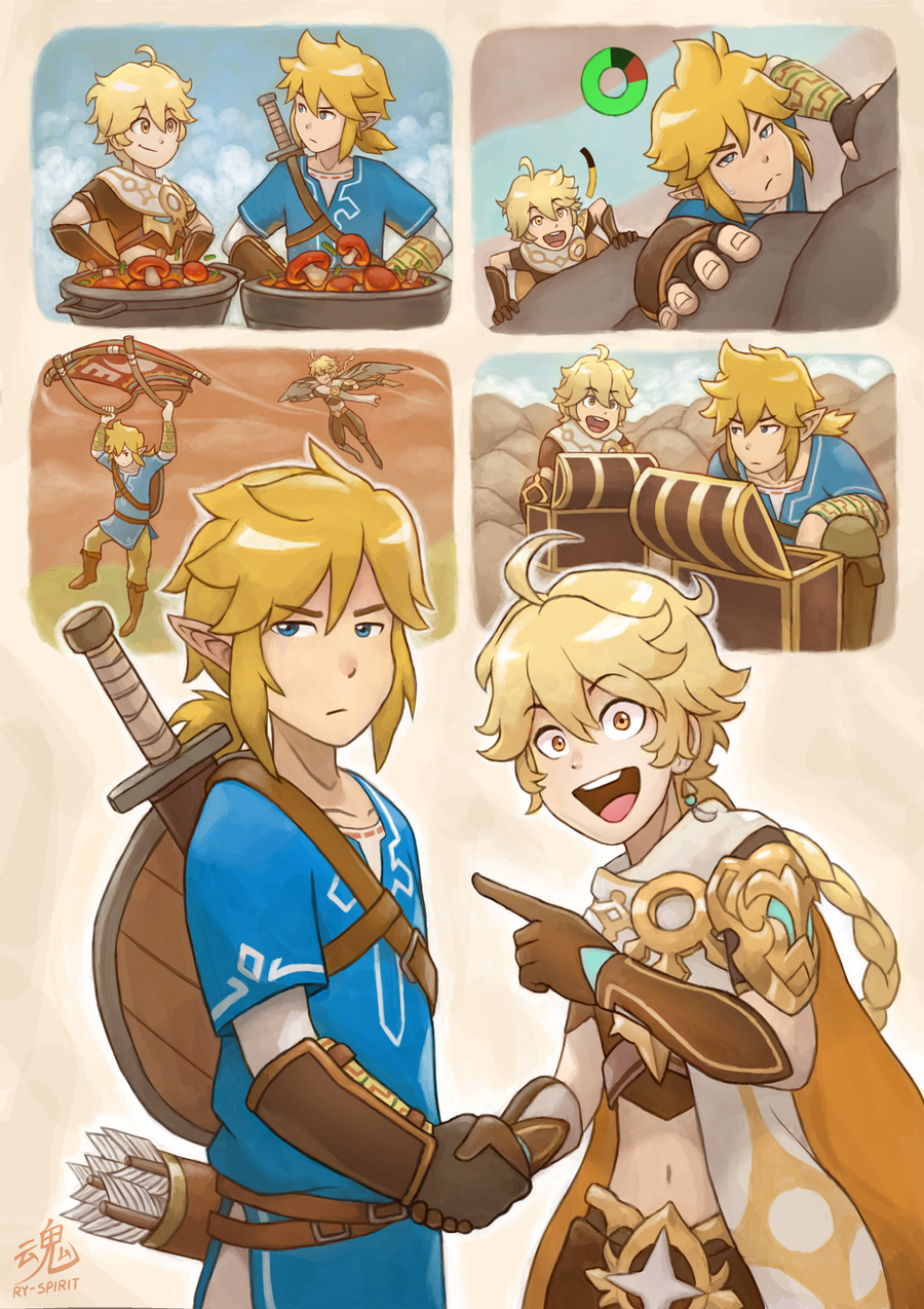 2boys, aether_(genshin_impact), blue_eyes, braid, braided_ponytail, brown_gloves, climbing, crossover