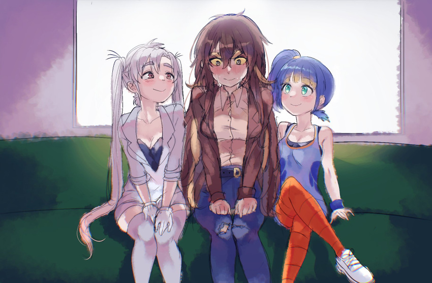 3girls, blue_hair, blush, brown_hair, bugs_bunny, crossed_legs, genderswap, genderswap_(mtf)