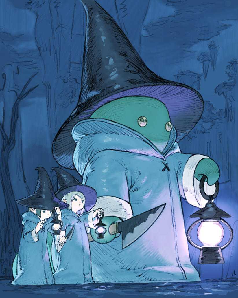 1other, 2girls, cloak, colored_skin, final_fantasy, final_fantasy_xiv, green_skin, hat