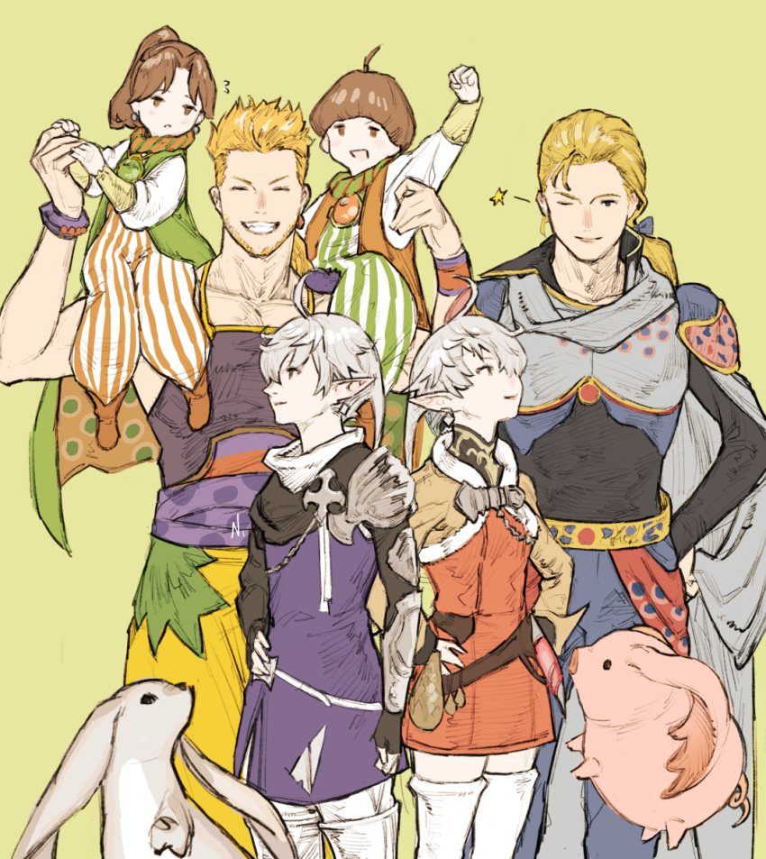 2girls, 4boys, ahoge, alisaie_leveilleur, alphinaud_leveilleur, angelo_(ff14), beard, blonde_hair